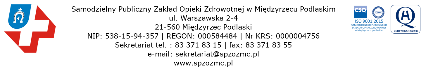 Obraz zawierający loga i treść: Samodzielny Publiczny Zakład Opieki Zdrowotnej w Międzyrzecu Podlaskim ul. Warszawska 2-4 21-560 Międzyrzec Podlaski NIP: 538-15-94-357 | REGON: 000584484 | Nr KRS: 0000004756 Sekretariat tel. : 83 371 83 15 | fax: 83 371 83 55 e-mail: sekretariat@spzozmc.pl www.spzozmc.pl