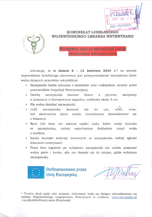 Komunikat Lubelskiego Wojewódzkiego Lekarza Weterynarii wiosenna akcja szczepień lisów przeciwko wściekliźnie