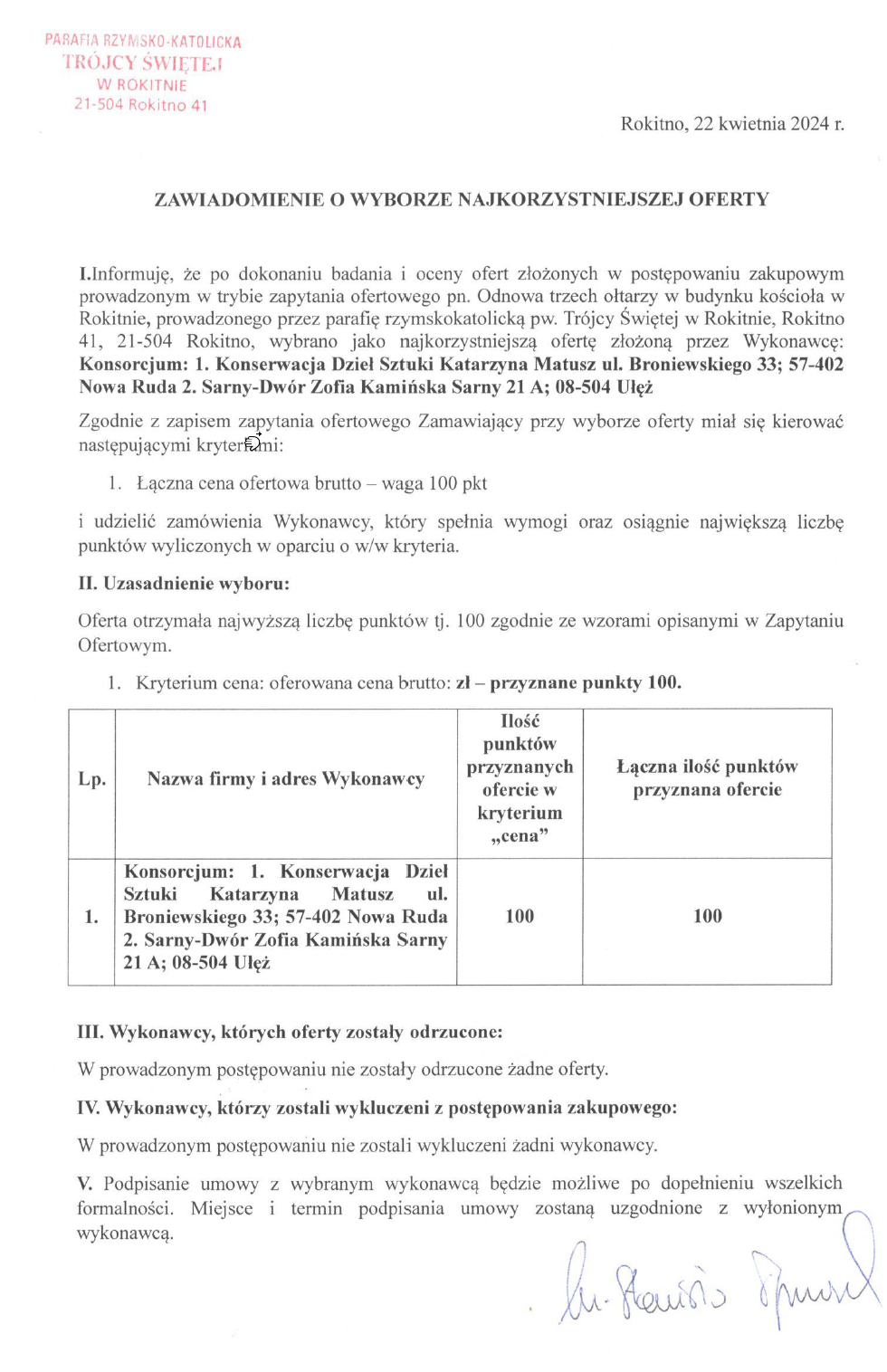 Zawiadomienie o wyborze najkorzystniejszej do zapytania ofertowego nr rpoz/1/2024 z dnia 22 marca 2024 r.  Rządowy program odbudowy zabytków
