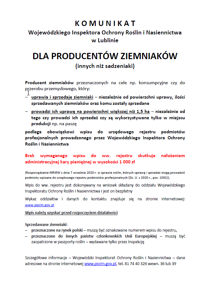 Komunikat Wojewódzkiego Inspektora Ochrony Roślin i Nasiennictwa w Lublinie dla producentów ziemniaków (innych niż sadzeniaki)