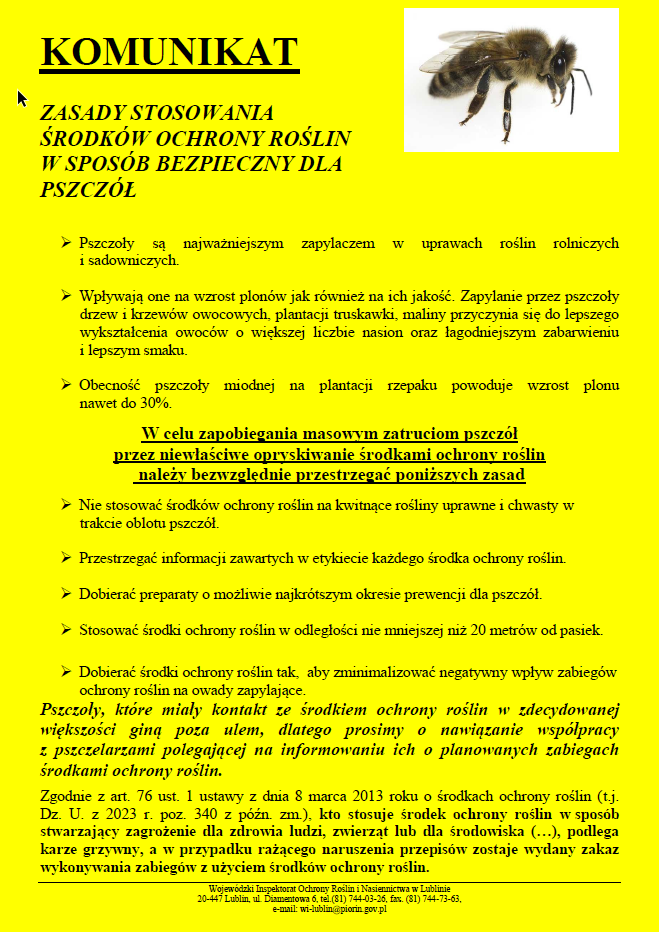 Komunikat zasady stosowania środków ochrony roślin w sposób bezpieczny dla pszczół