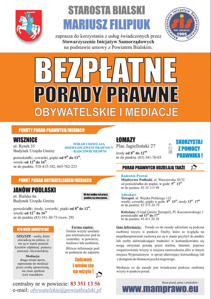 Bezpłatne Porady Prawne świadczone przez Stowarzyszenie Inicjatyw Samorządowych na podstawie umowy z Powiatem Bialskim