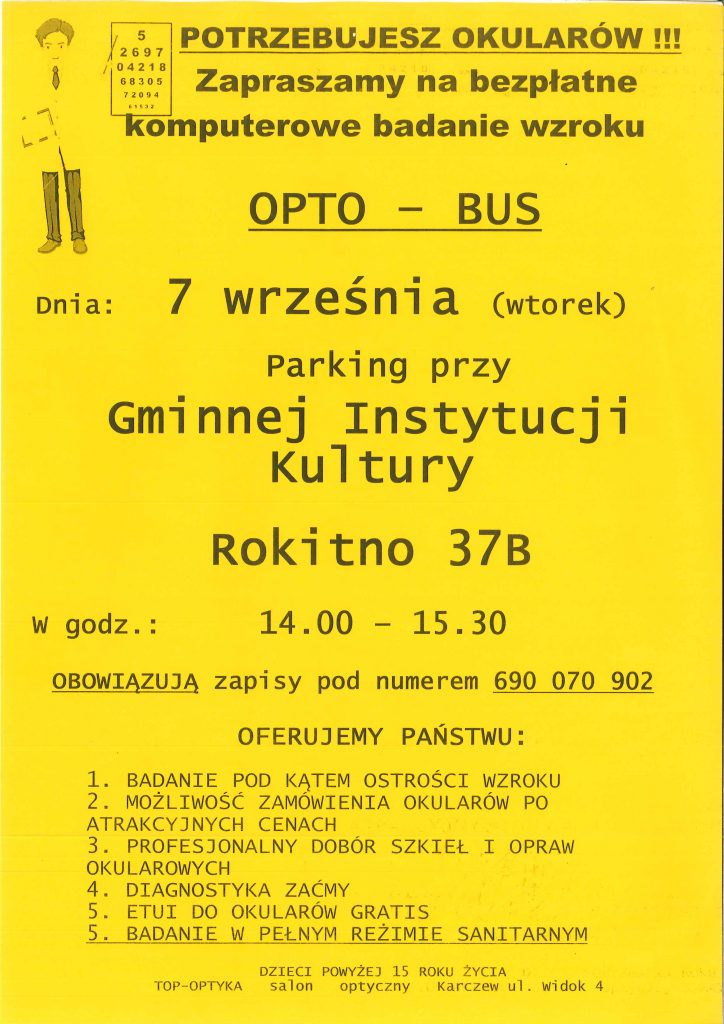 Bezpłatne badanie wzroku w dniu 7 września 2021 roku przy Gminnej Instytucji Kultury, Rokitno 37B - godziny 14:00 - 15:00