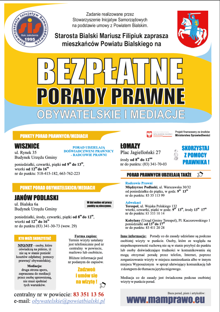 Plakat - Bezpłatne porady prawne obywatelskie i mediacje