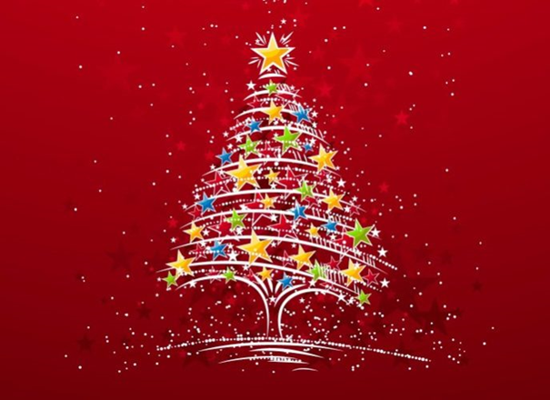 Kolorowa choinka z gwiazd na czerwonym tle