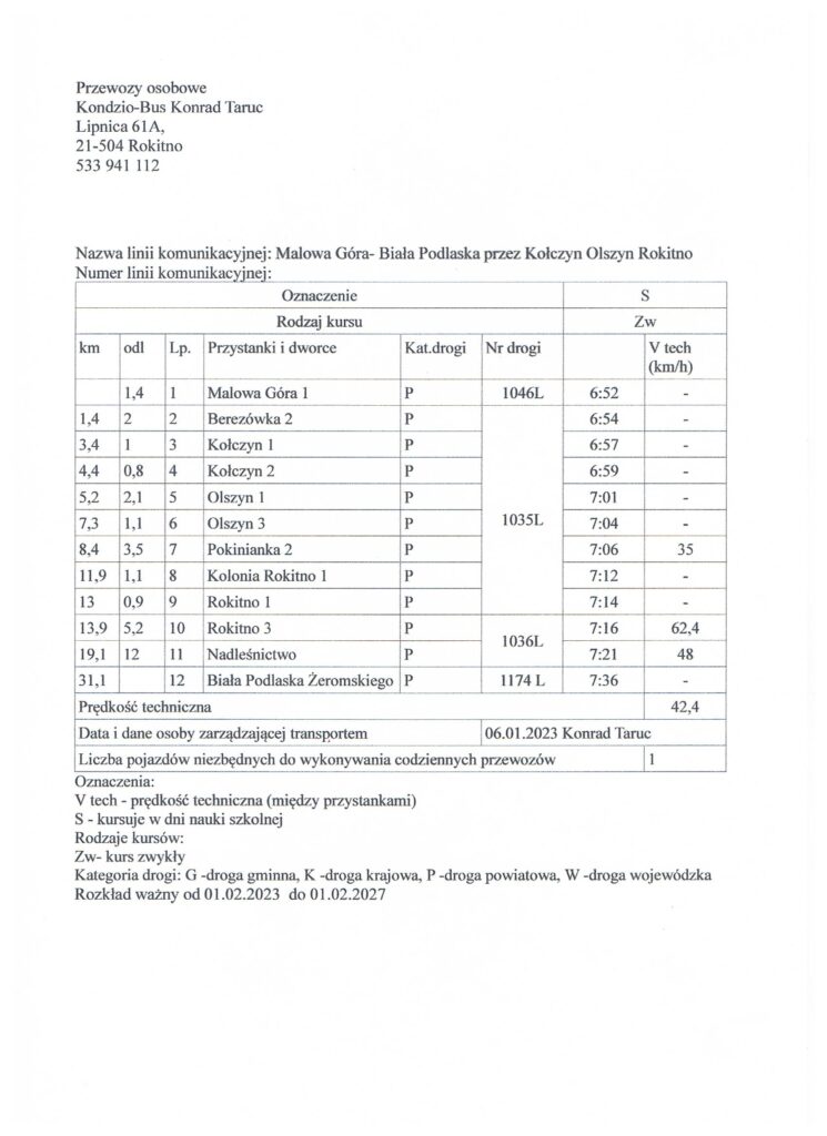 Rozkład jazdy Malowa Góra - Biała Podlaska prze Kołczyn Olszyn Rokitno