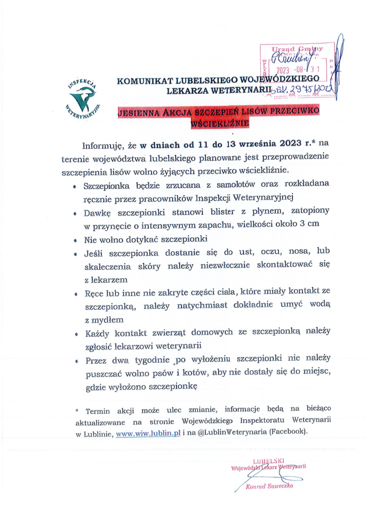 Jesienna akcja szczepień przeciwko wściekliźnie